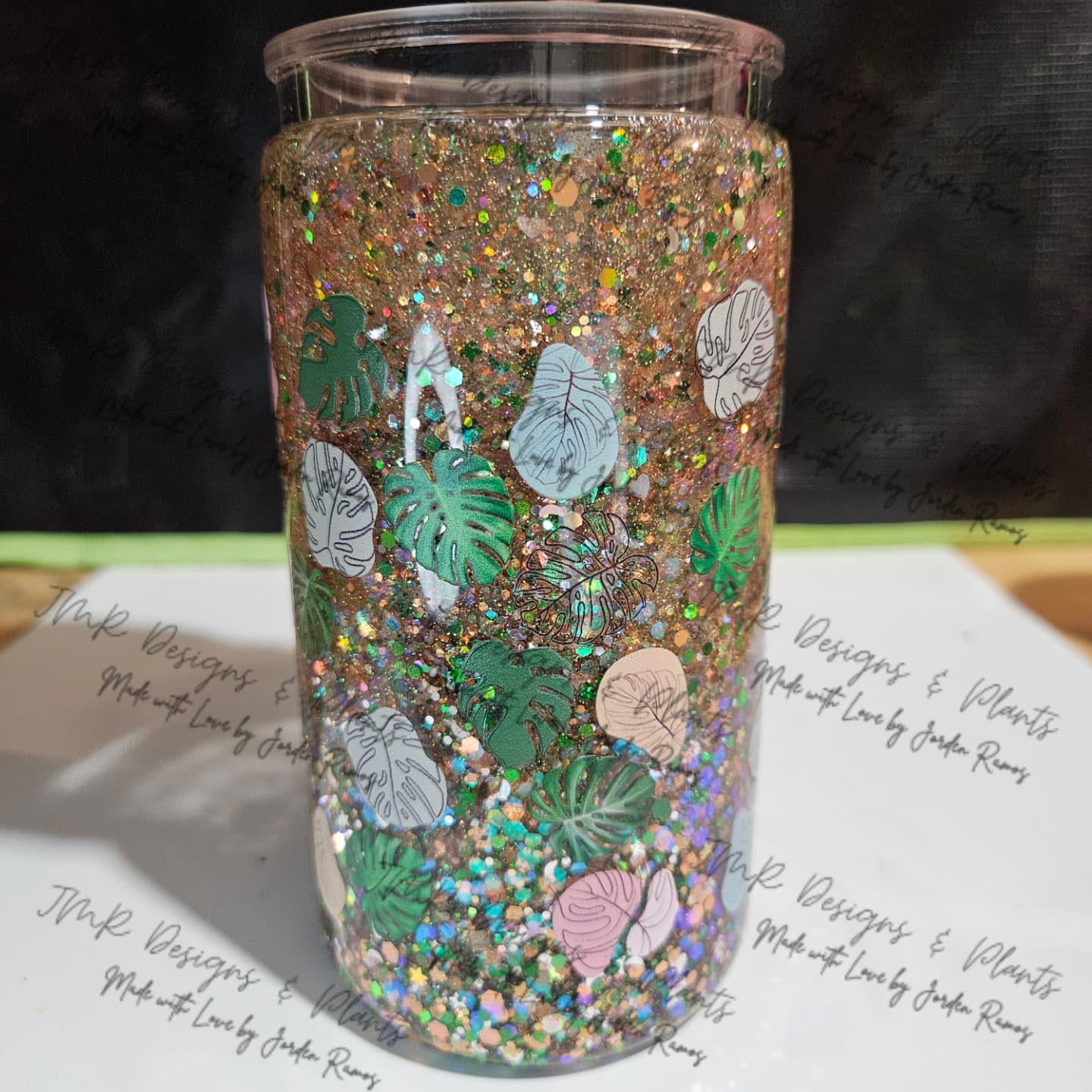 16 oz Snow Globe Tumbler "Monstera Leaf MultiColor"