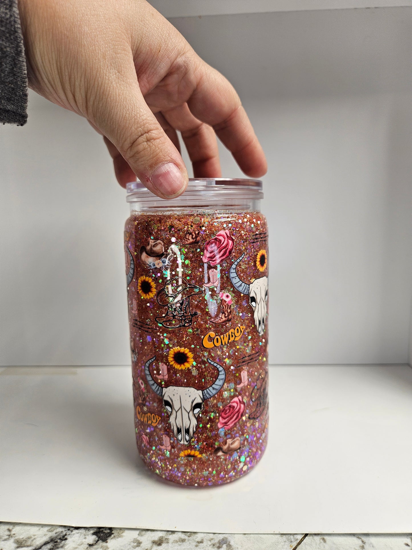 16 oz Snow Globe Tumbler "Cowboy Sunflowers"