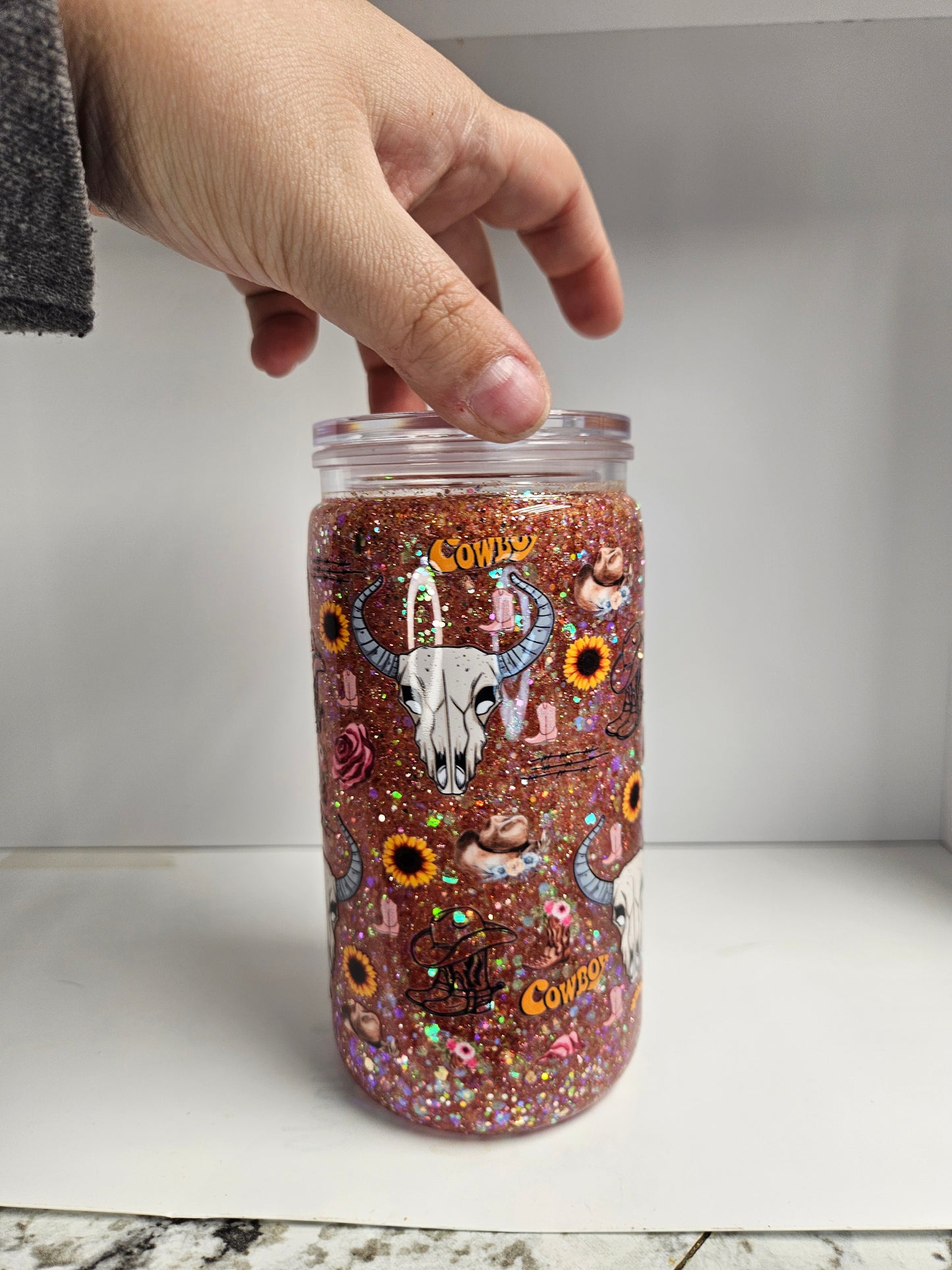 16 oz Snow Globe Tumbler "Cowboy Sunflowers"