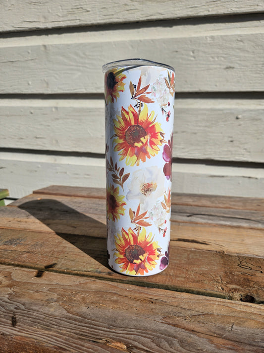 20 oz Skinny Stainless Steel Tumbler "Burgundy and Yellow Floral"