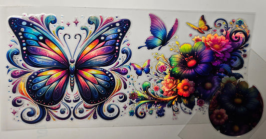16 oz Wrap Butterfly W/ Flowers Holographic + Cup Lid