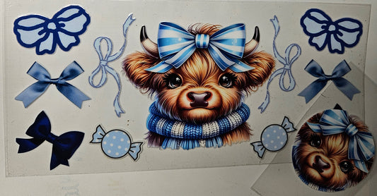 16 oz Wrap Cow Highland Cow W/Blue Bows + Cup Lid