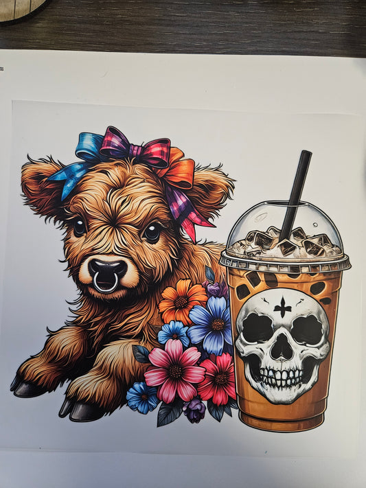 DTF Apparel Colorful Cow W/ Nose Ring and Coffee