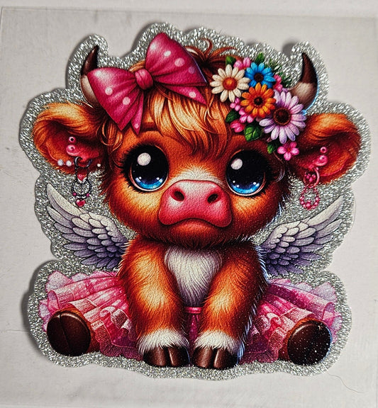 Decal Glitter Cow W/ Angel Wings and Flowers