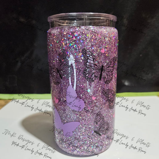 16 oz Snow Globe Tumbler "Purple Butterflies"