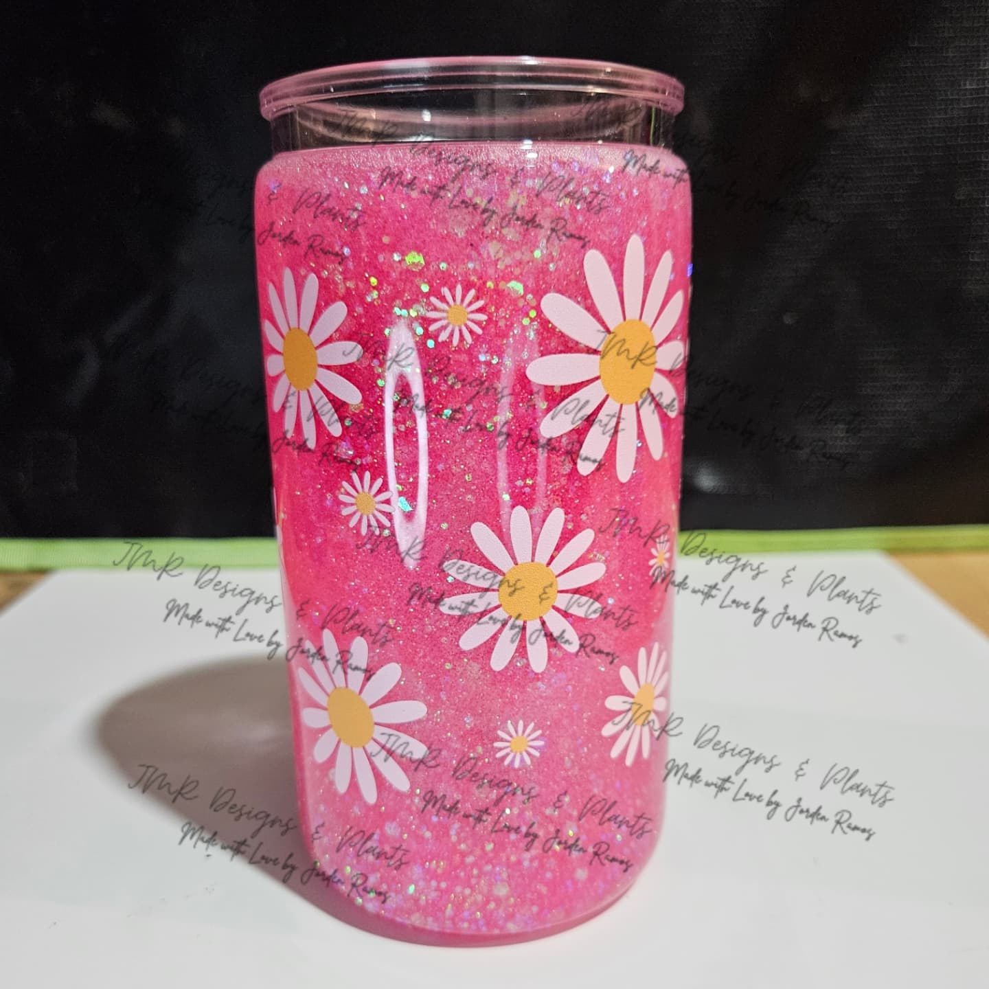 16 oz Snow Globe Tumbler "Light Pink Daises"