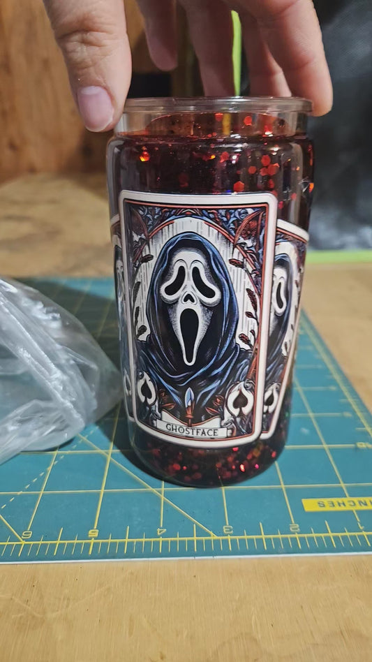 16 oz Snow Globe Tumbler "GhostFace Red/Black Glitter"