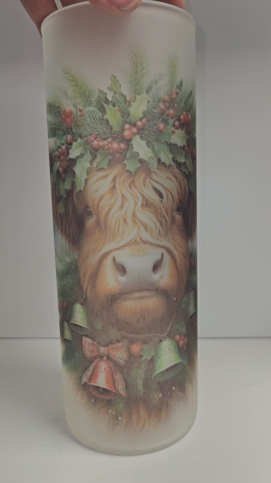 25 oz Frosted Skinny Glass Tumbler "Christmas Highland Cow"