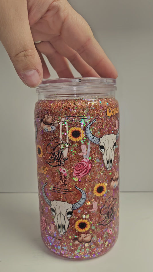 16 oz Snow Globe Tumbler "Cowboy Sunflowers"